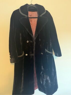 Vintage 60s 70s Borgazia Russel Taylor Black Faux Fur Long Coat Gold Trim